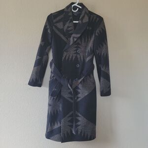 Pendleton Jacquard 100% Virgin Wool Long Trench Coat Black Size Xxsmall Aztec